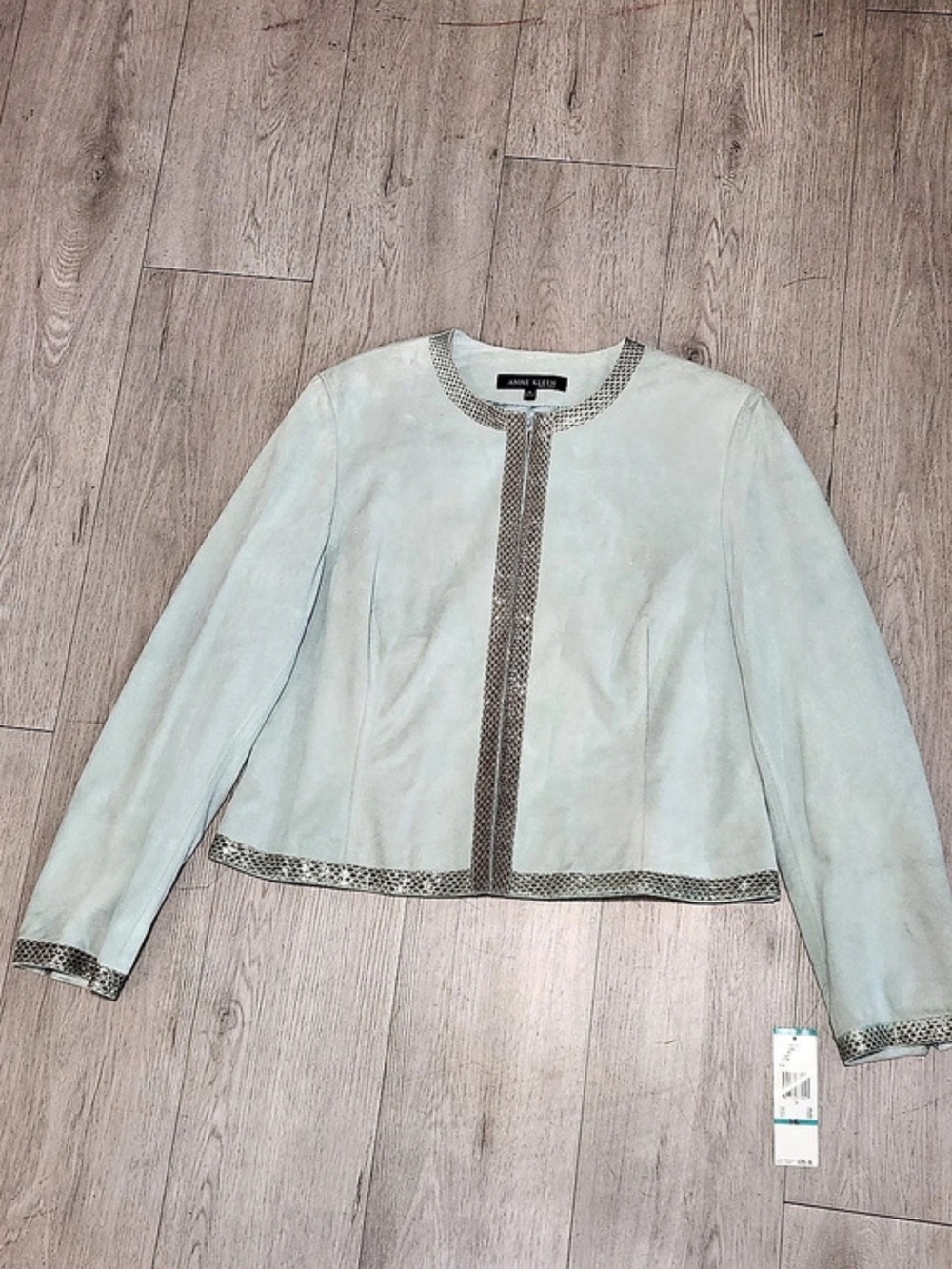 NWT Anne Klein New York Ice Blue Leather Jacket Snakeskin Trim 16